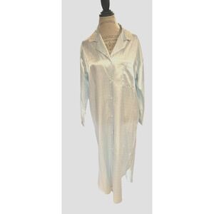Vintage Miss Elaine Robe M Blue Button Embroidered Pocket Satin Bead Long Sleeve
